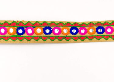 Beige And Red Indian Mirror Trim Kutch Embroidered Navratri Garba Dress Trim Bridal Lace, Sari Border 30 mm Wide Trim Per 3 Yards